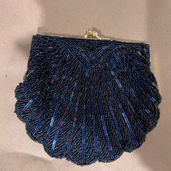 Vintage La Regale navy blue beaded evening bag converts to dressy clutch purse - Picture 3 of 9